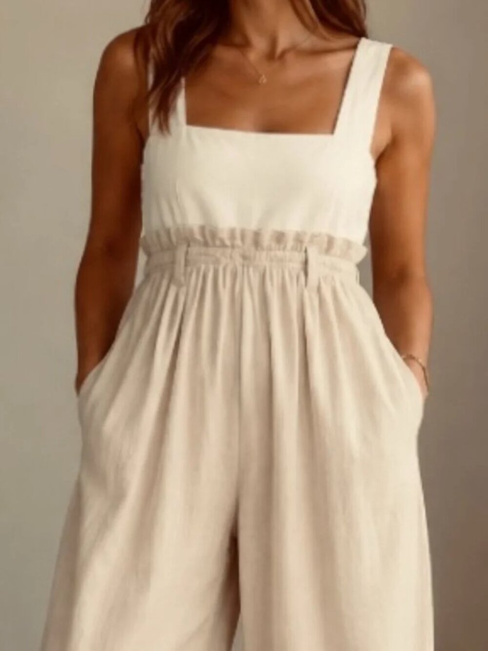 Hunter and Brown Sleeveless Two-Tone Beige and Cream Jumpsuit, Size L